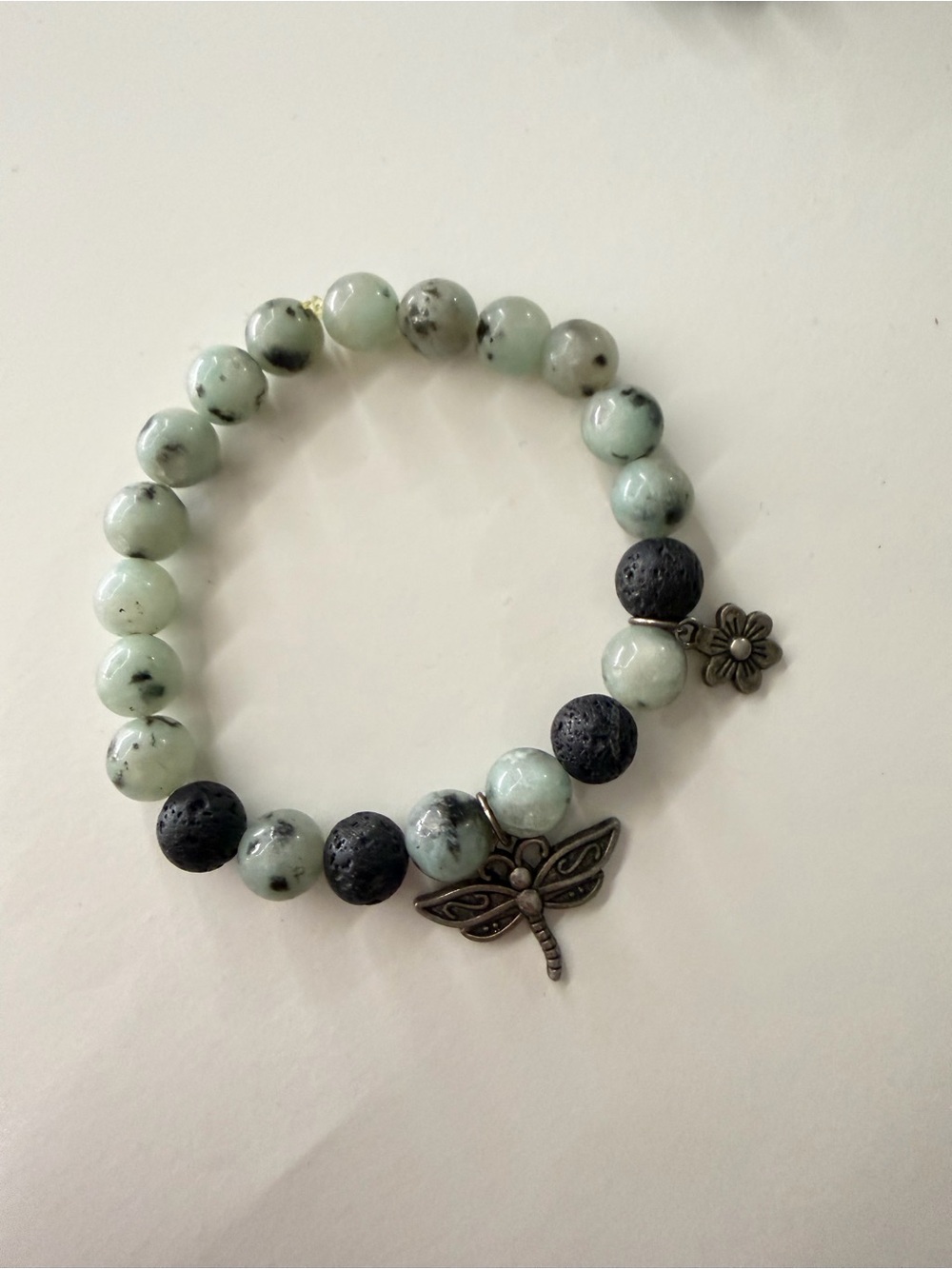 Green Gemstone kiwi jasper & Black Lava Bead Bracelet with Dragonfly Charm